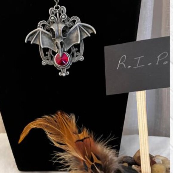 "Evil Bat" Bird Skeleton Head and Ruby-Colored Austrian Crystal Pendant - Picture 2 of 11